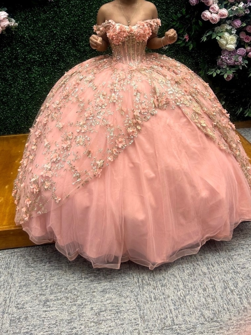 Girls' Pink Floral Appliqué Off-Shoulder Ball Gown Dress